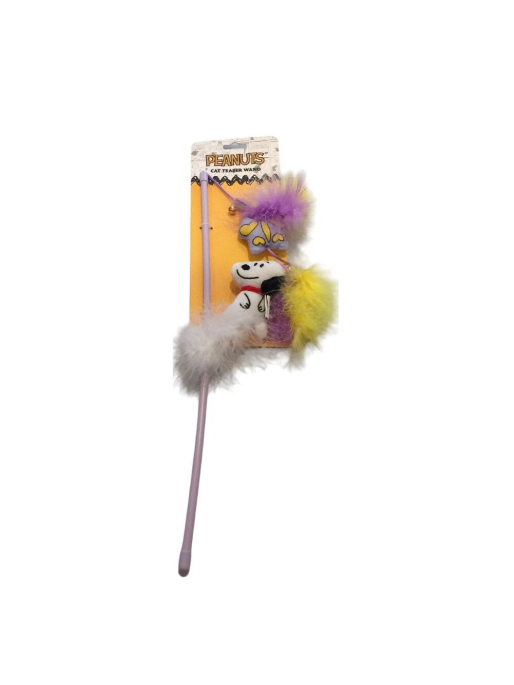 Peanuts Snoopy Cat Teaser Lilac Catnip Wand Feathers Lilac Yellow Bells Butterfl